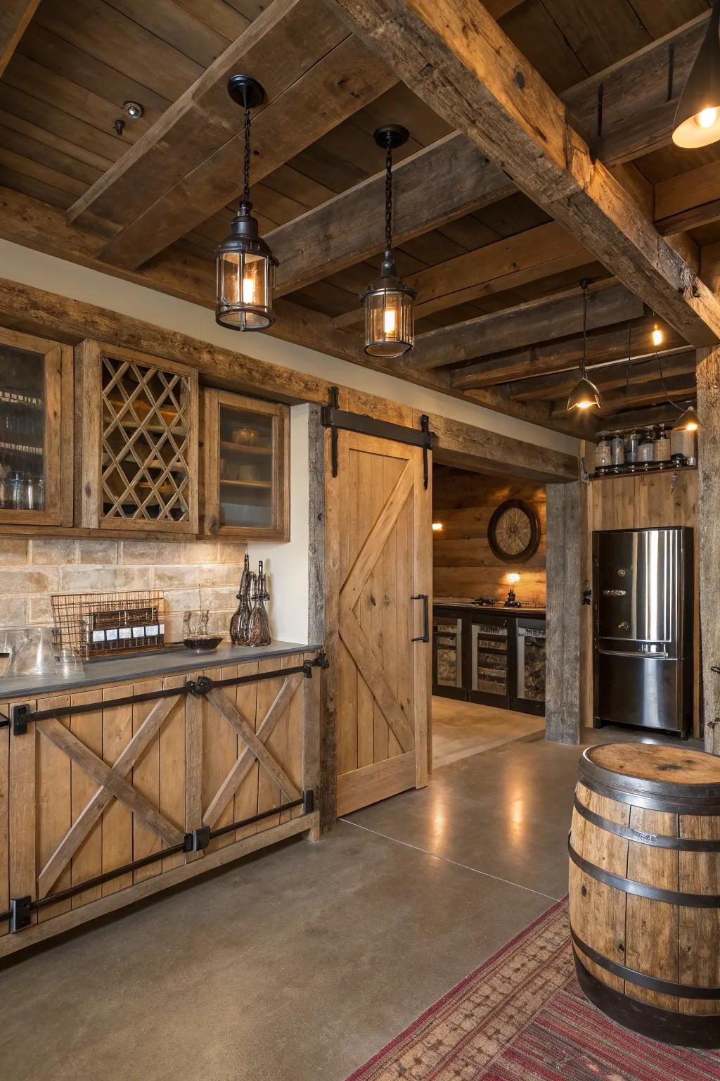 Man cave featuring reclaimed wood and metal for authentic rustic style.