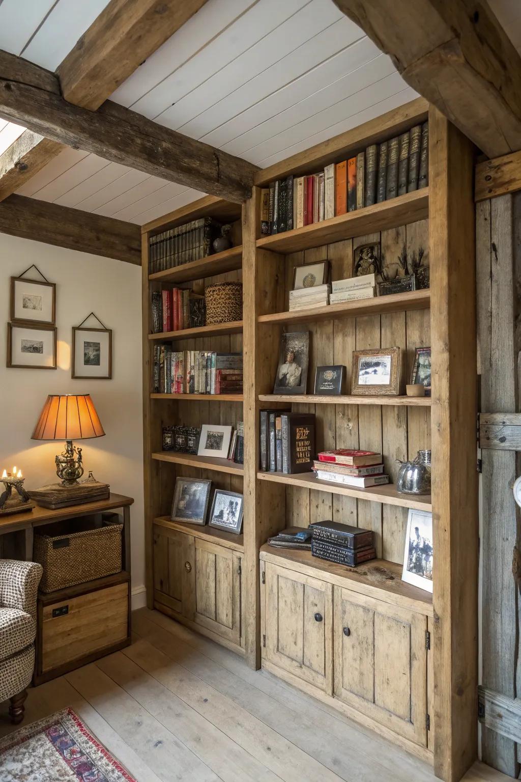Built-in shelves displaying books and collectibles in a rustic man cave.
