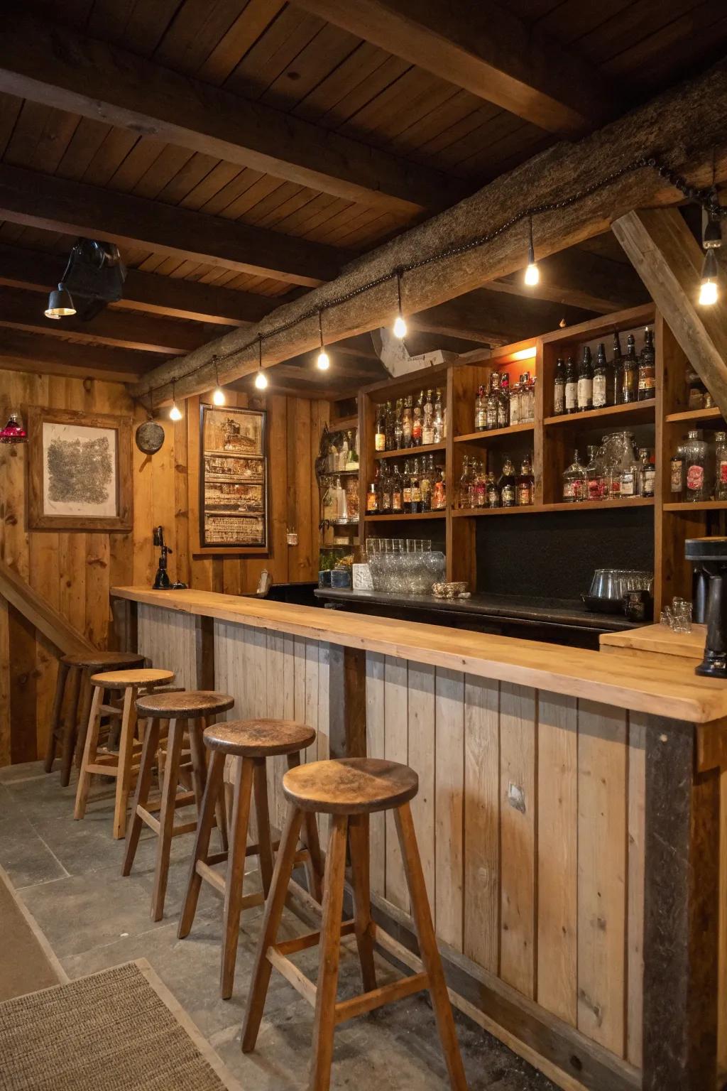 Rustic bar area with stools for socializing in a man cave.