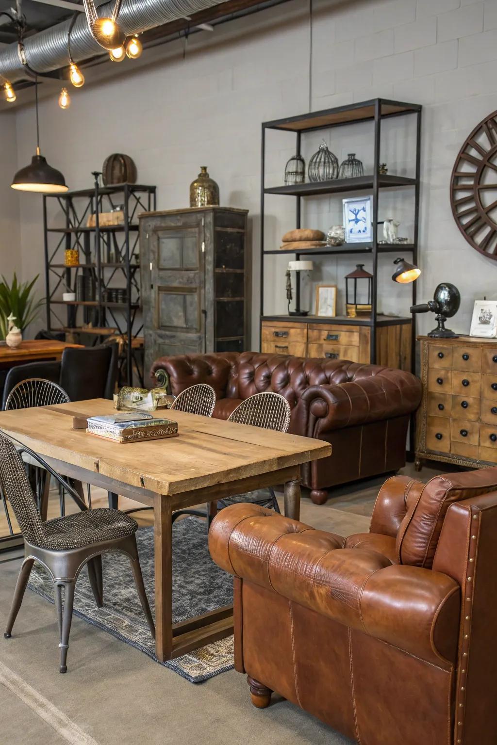 Combination of metal, wood, and leather creating a dynamic rustic aesthetic.
