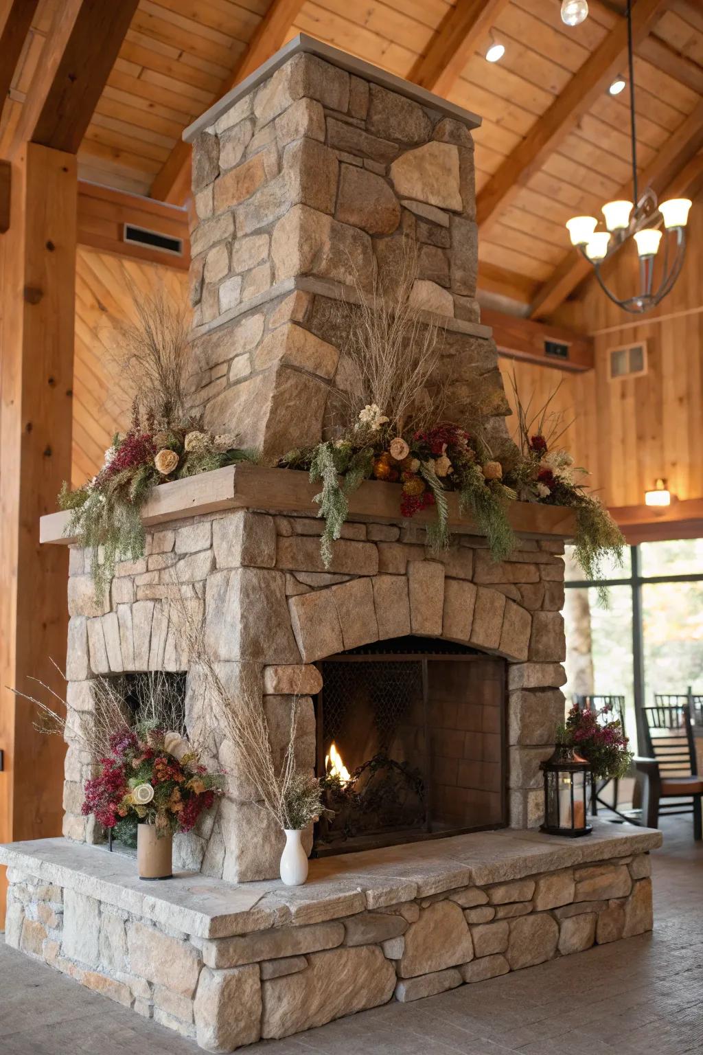 Stone fireplace serving as a focal point in a rustic man cave.