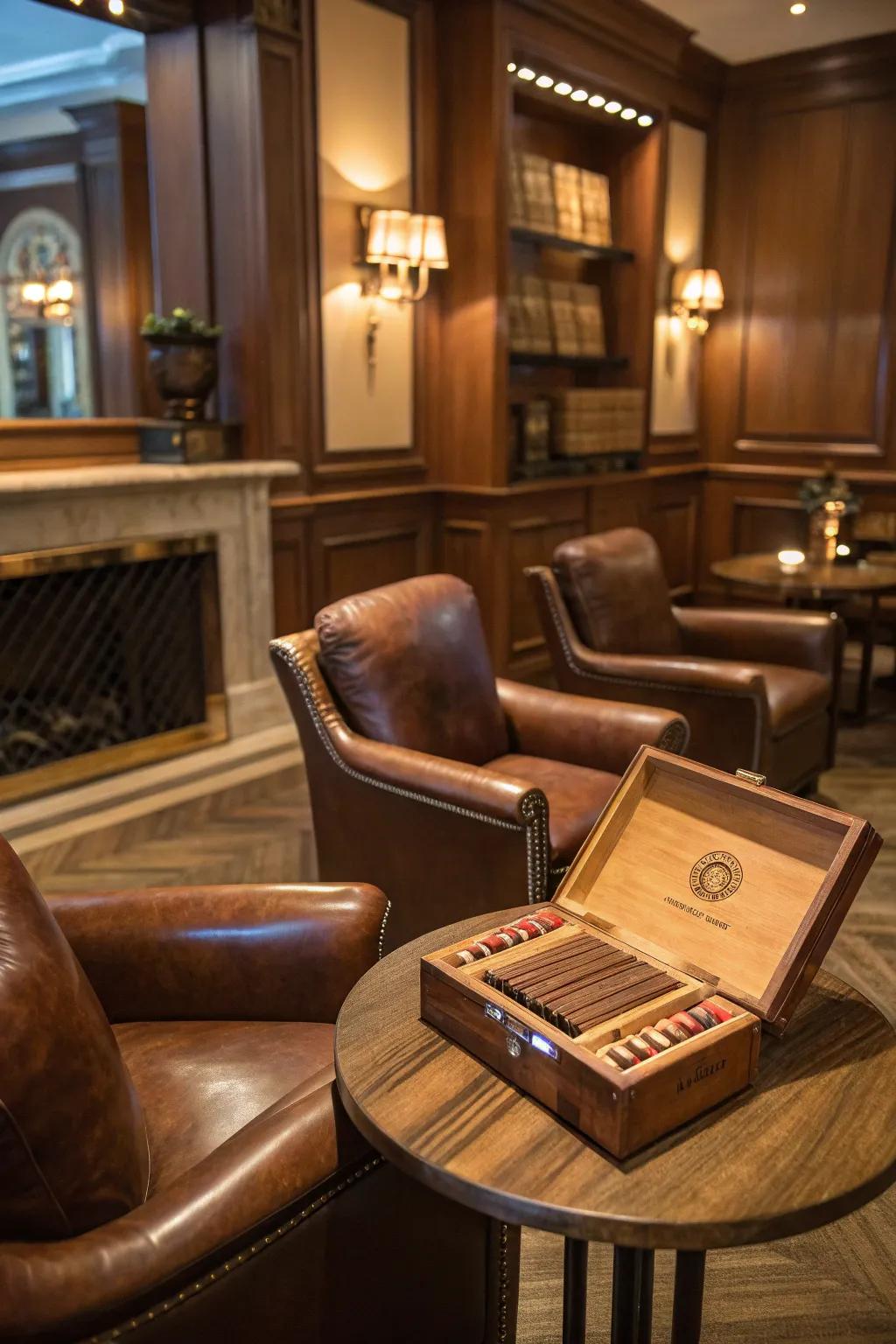 Cigar lounge corner with leather seating and humidor in a man cave.
