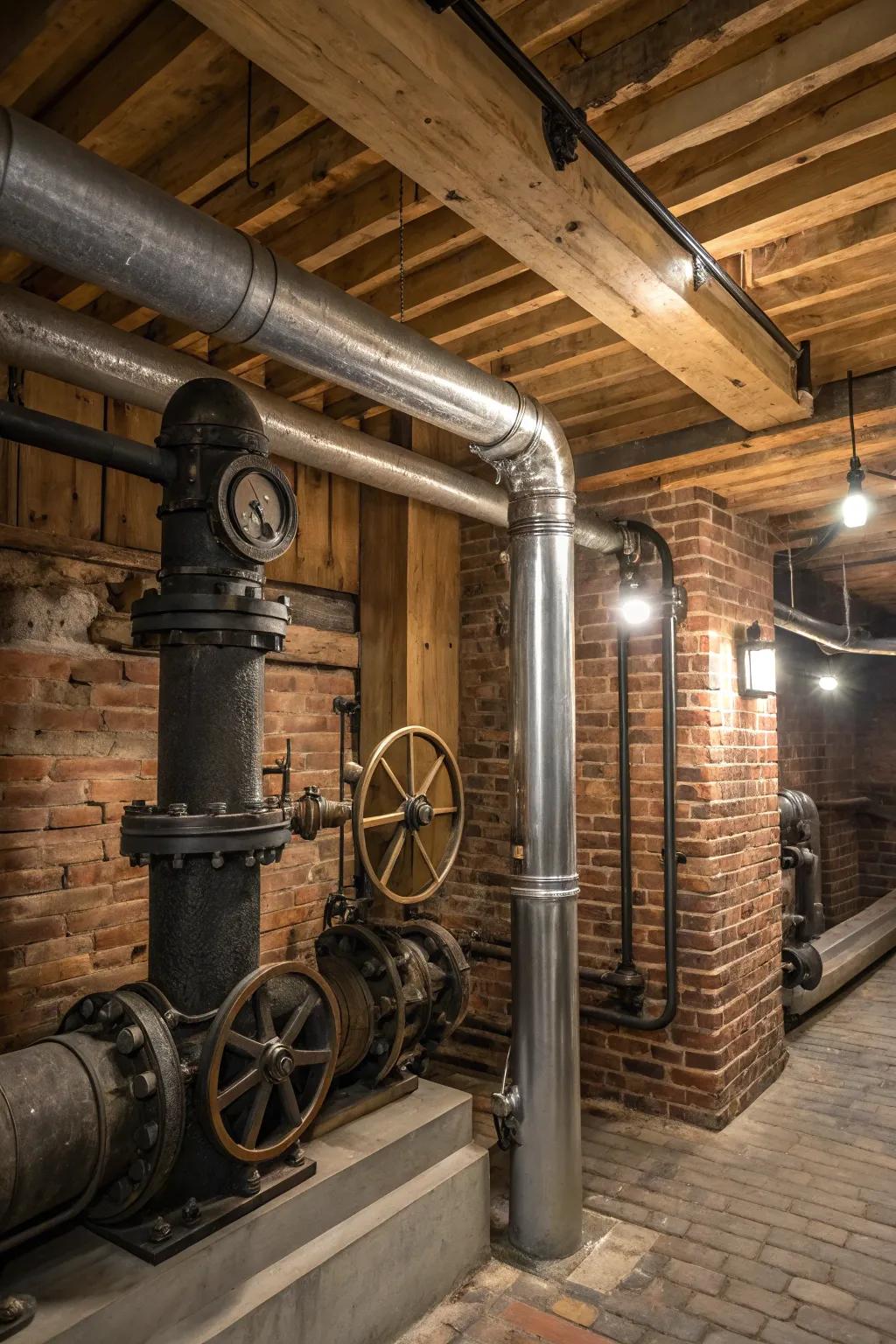 Industrial-style metal piping accents in a rustic man cave.