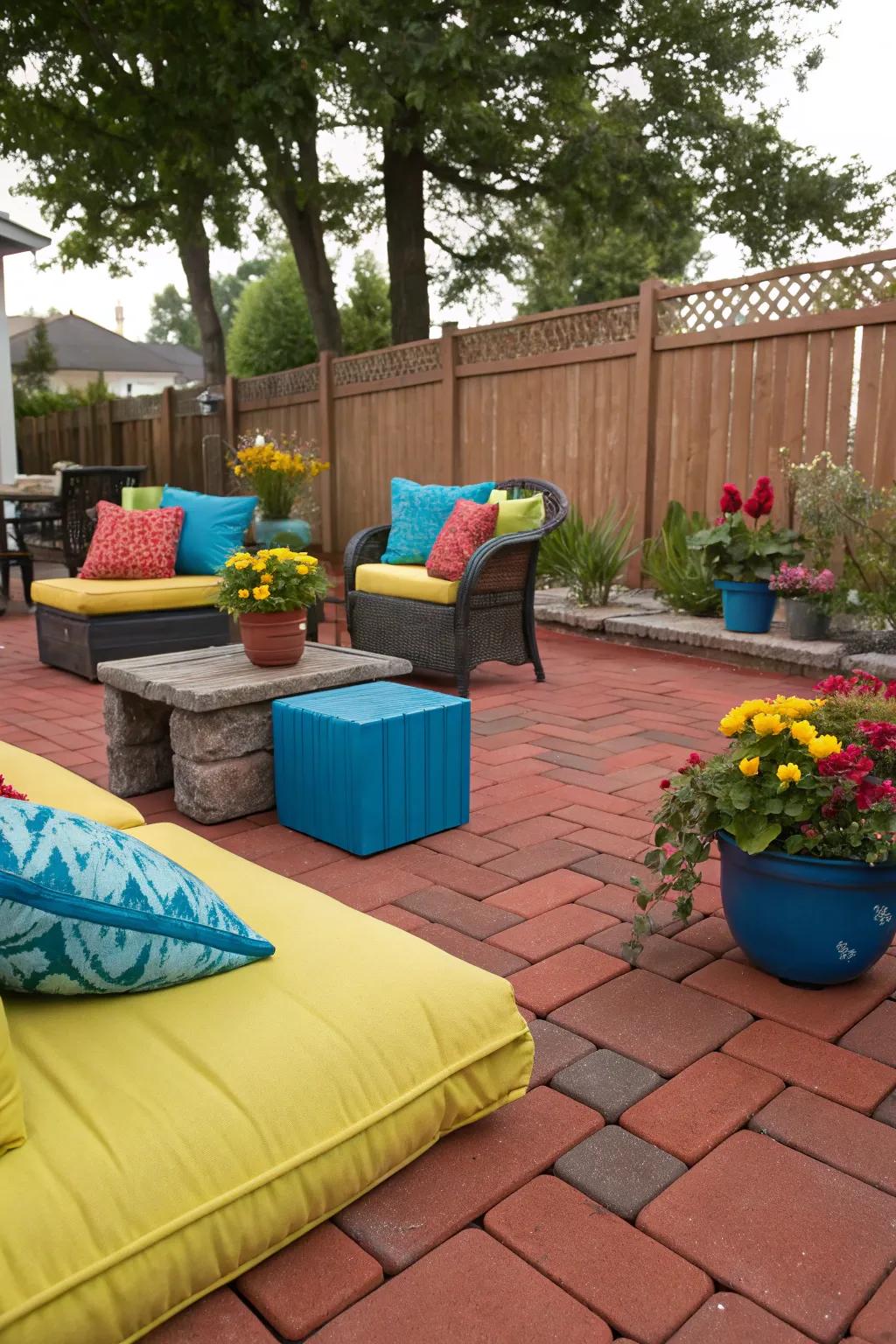 Bright cushions and planters enliven the red paver patio.
