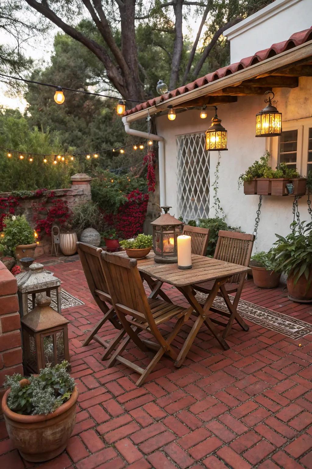 Rustic wooden furniture pairs beautifully with red pavers.