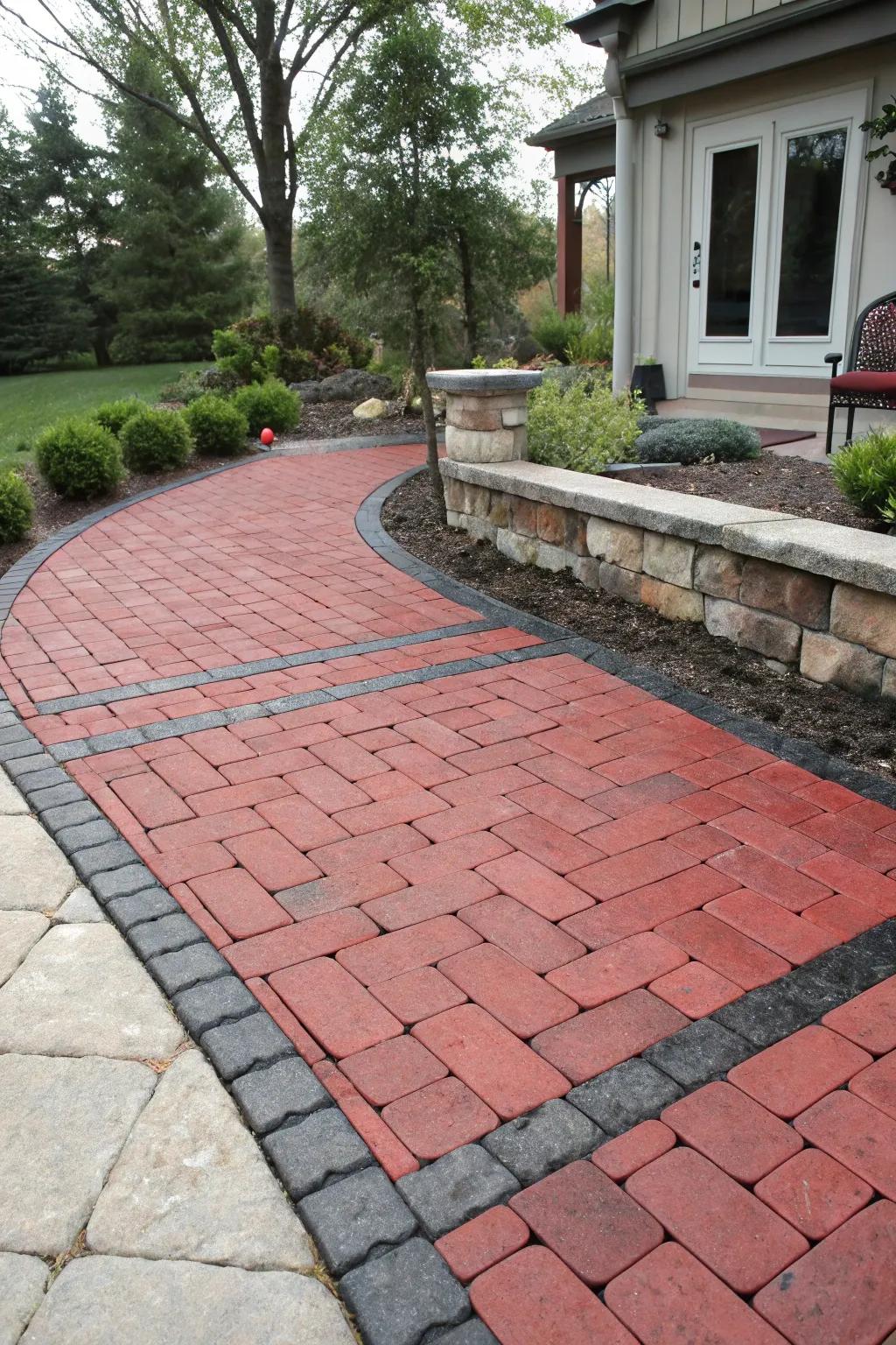 Contrasting borders frame the red paver patio beautifully.
