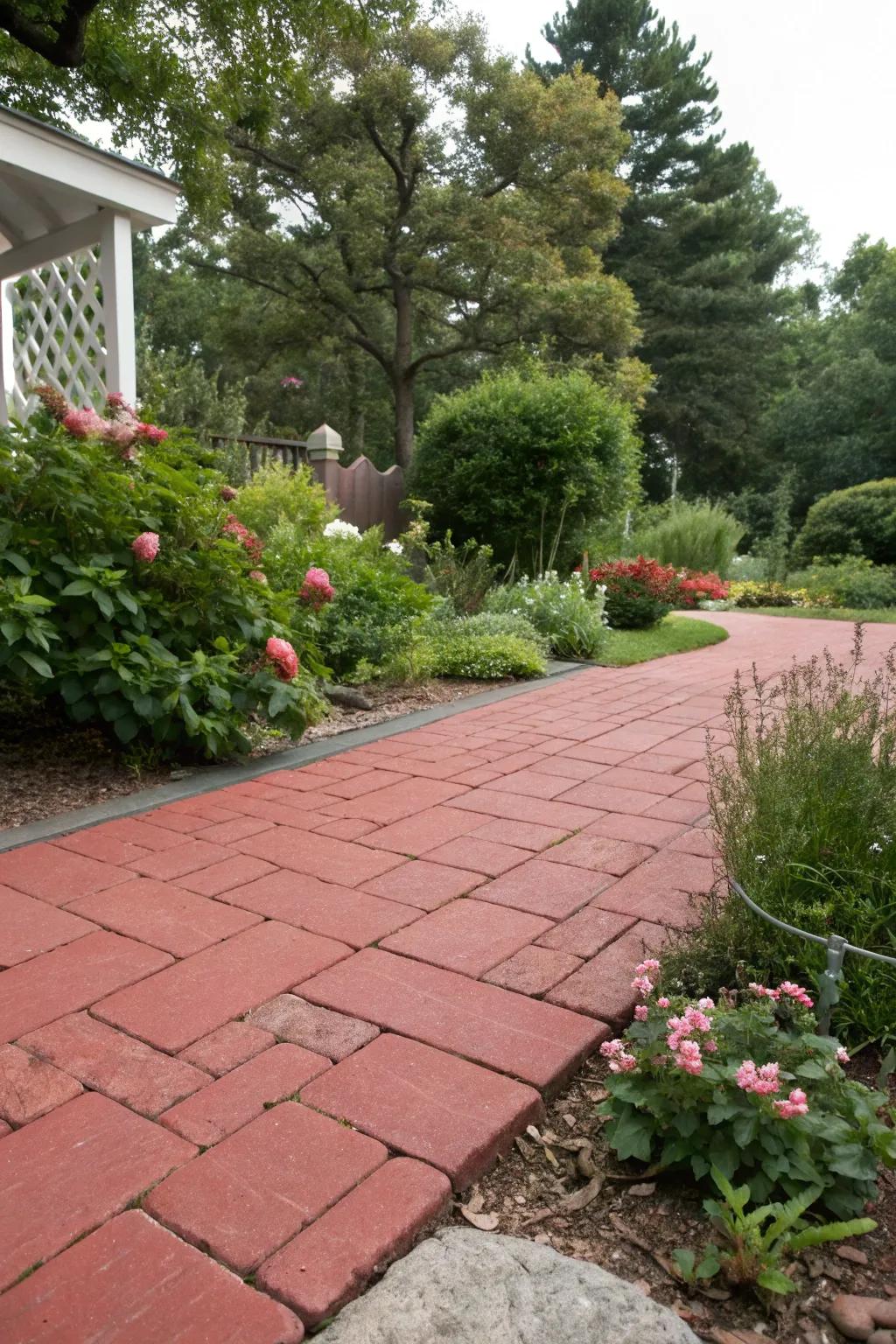 Lush greenery blends naturally with red paver patios.