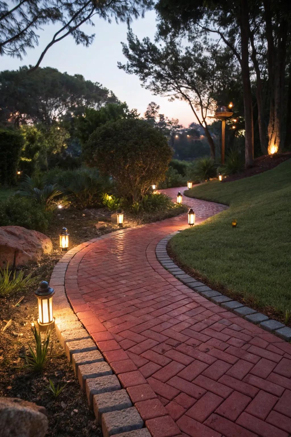 Solar lights brighten red paver walkways at night.