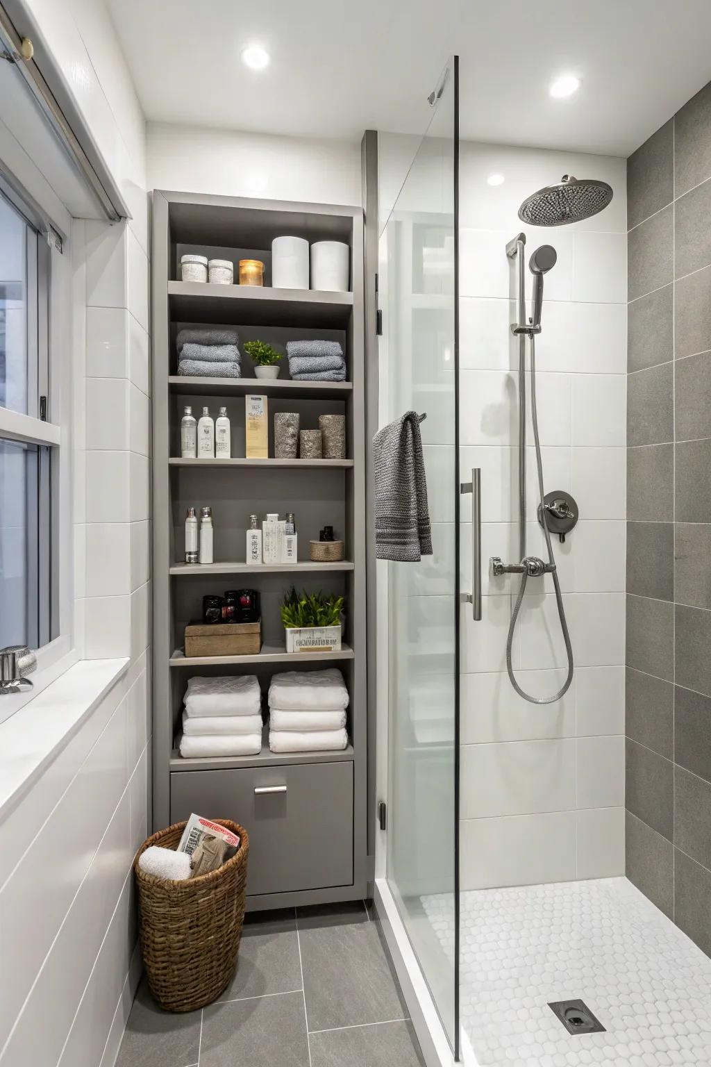 Integrated storage keeping shower essentials neatly hidden.