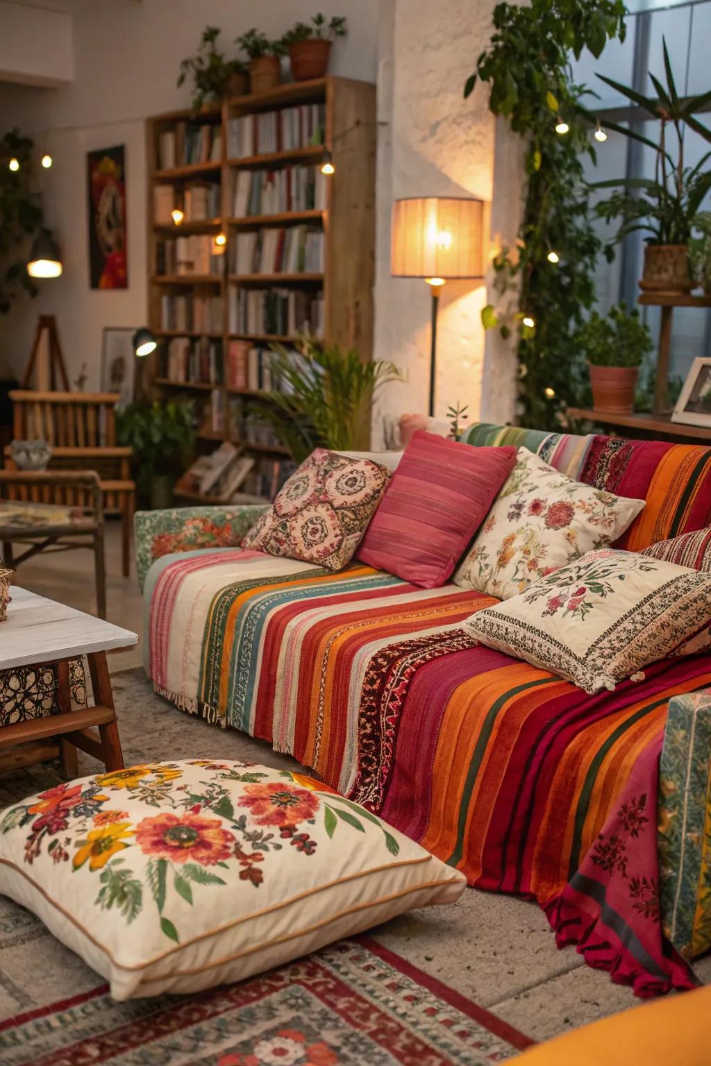 A lively bohemian space with mixed patterns.