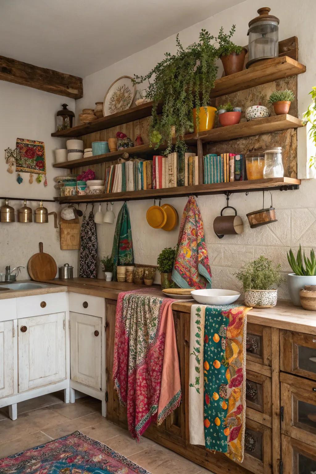 Rustic elements enhancing a bohemian kitchen.