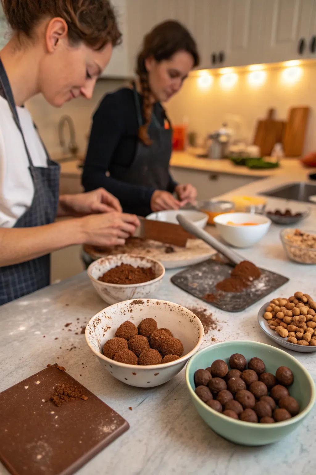 Guests enjoying a hands-on chocolate truffle making activity.