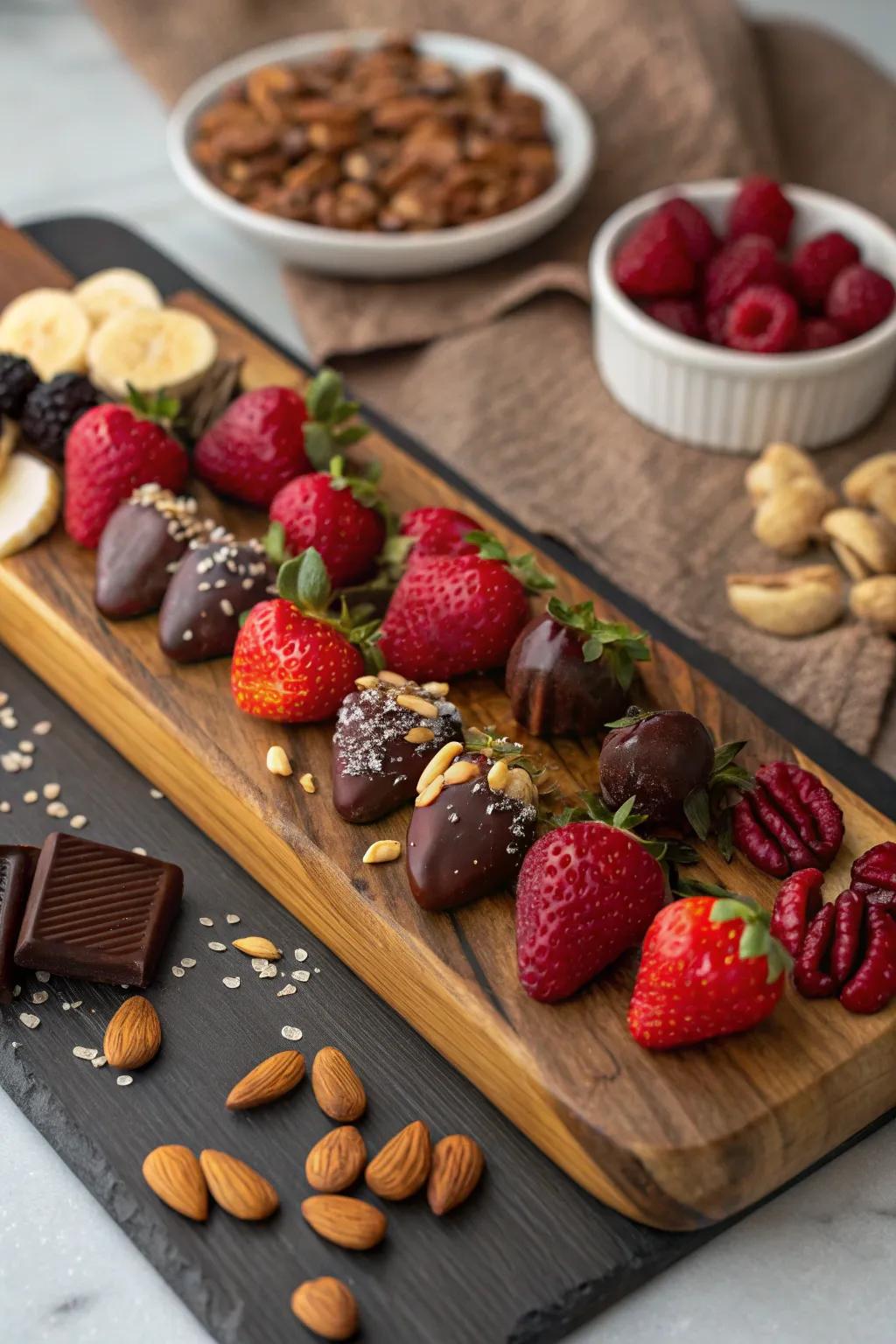 An assortment of chocolate-covered fruits and nuts arranged for tasting.