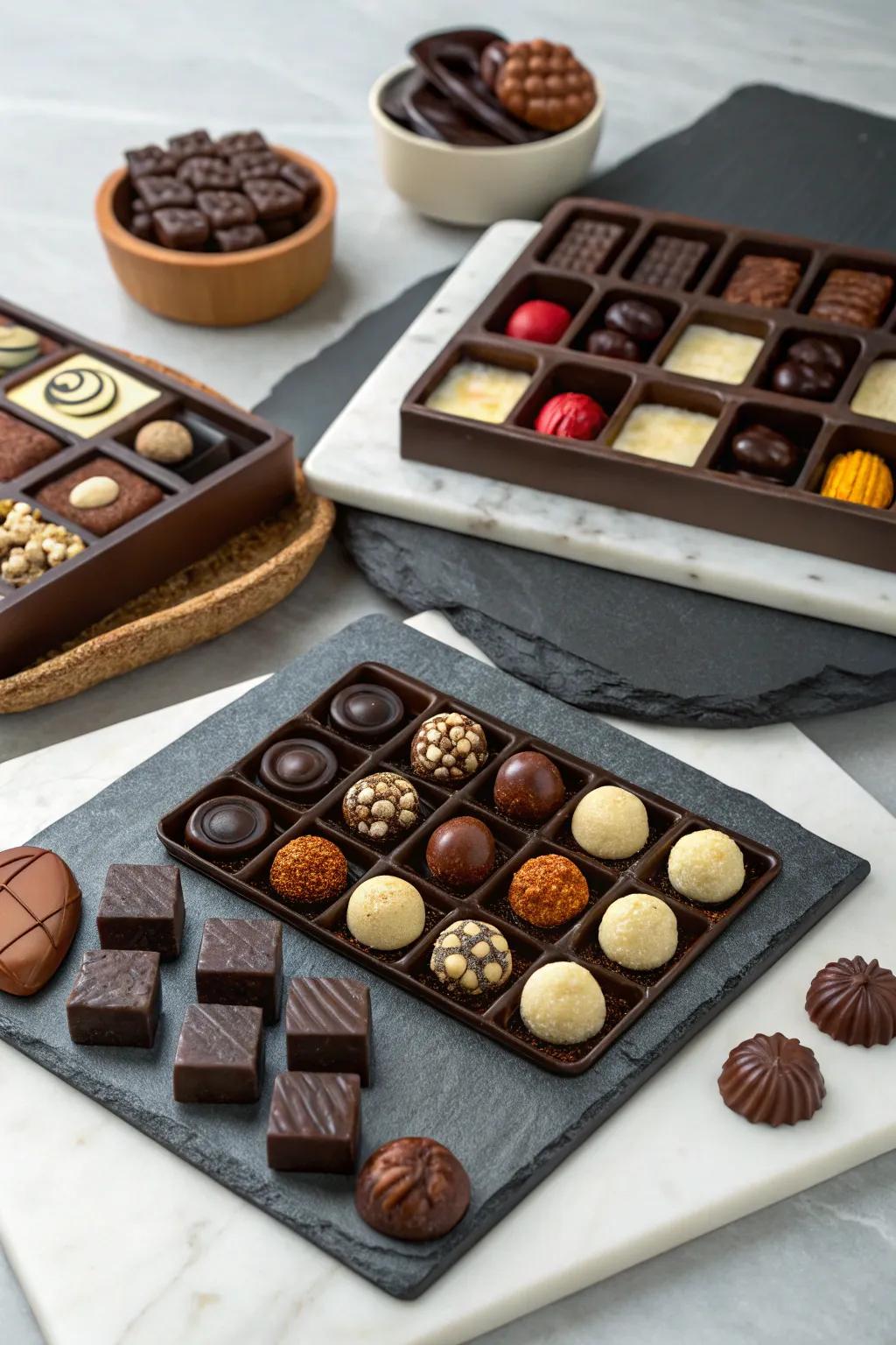 Sophisticated serving platters displaying an assortment of chocolates.