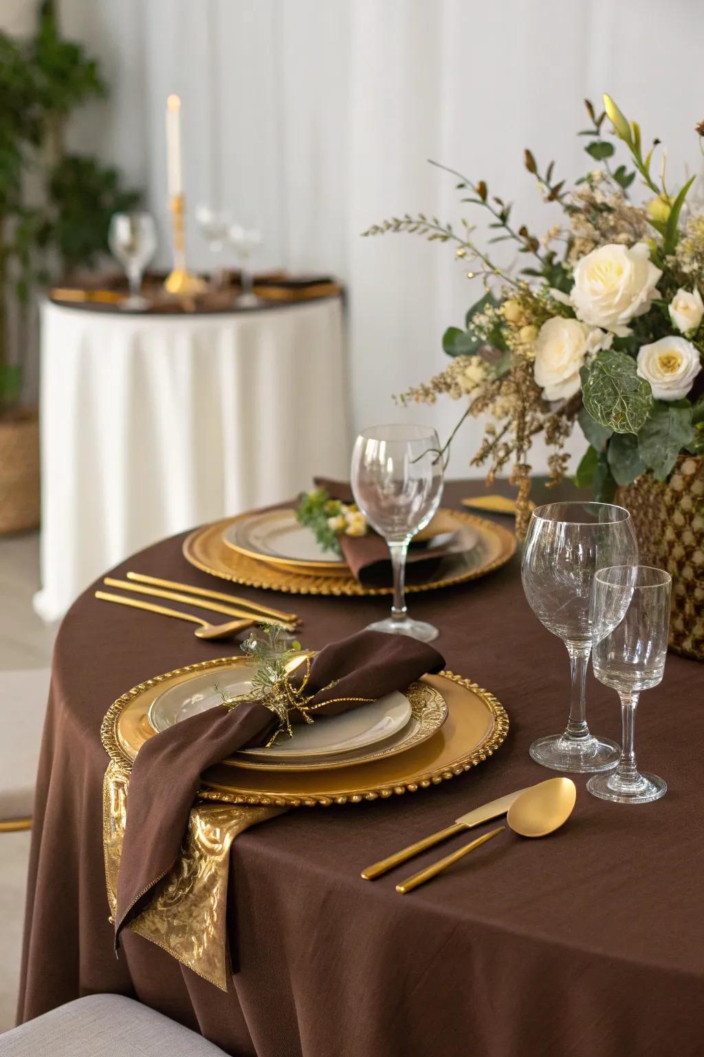 A chic chocolate-inspired table arrangement with warm lighting.