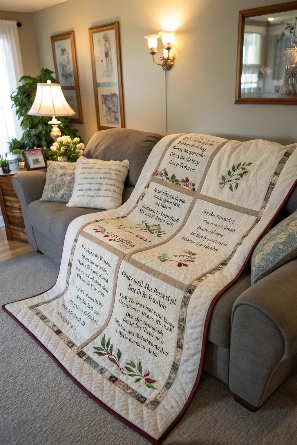 Warm quilt featuring embroidered wedding vows, ideal for cozy moments.