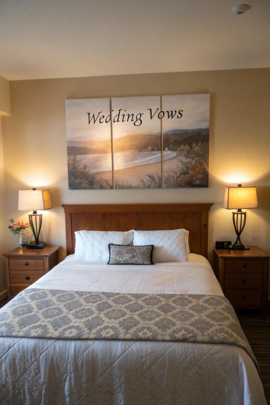 Romantic canvas prints of wedding vows above a bedroom headboard.
