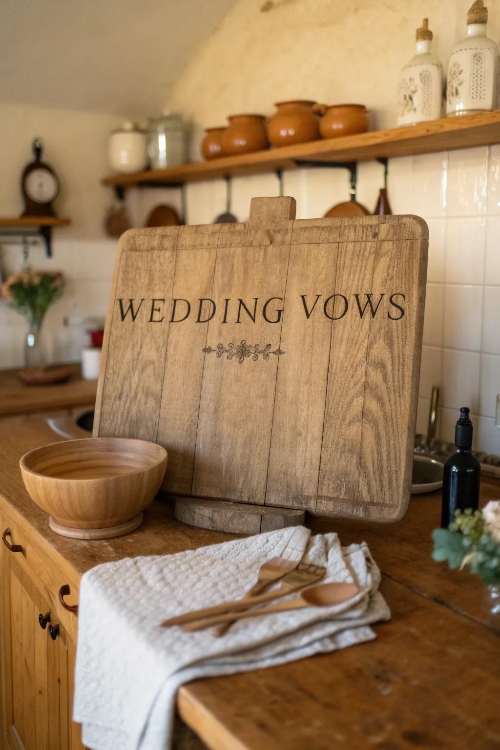 Cozy kitchen featuring rustic wooden plaque engraved with wedding vows.
