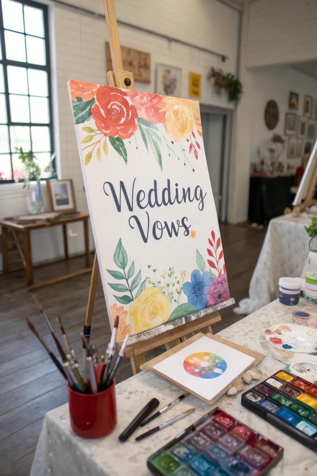 Colorful custom watercolor painting of wedding vows in an art studio.