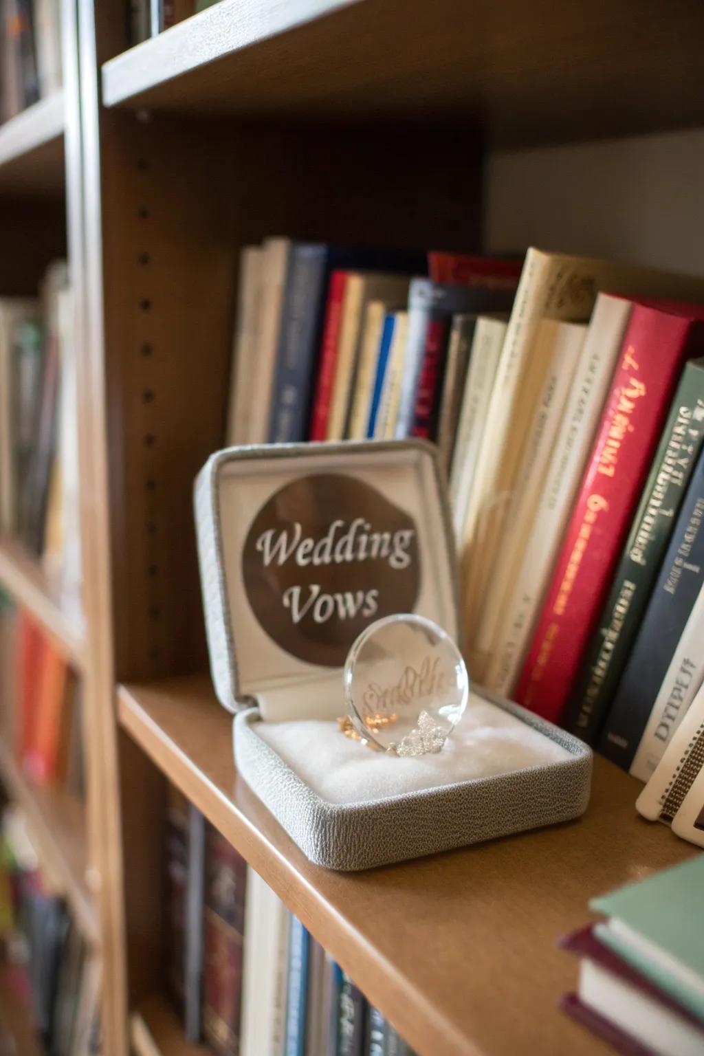 Elegant engraved glass vow keepsake displayed on a bookshelf.