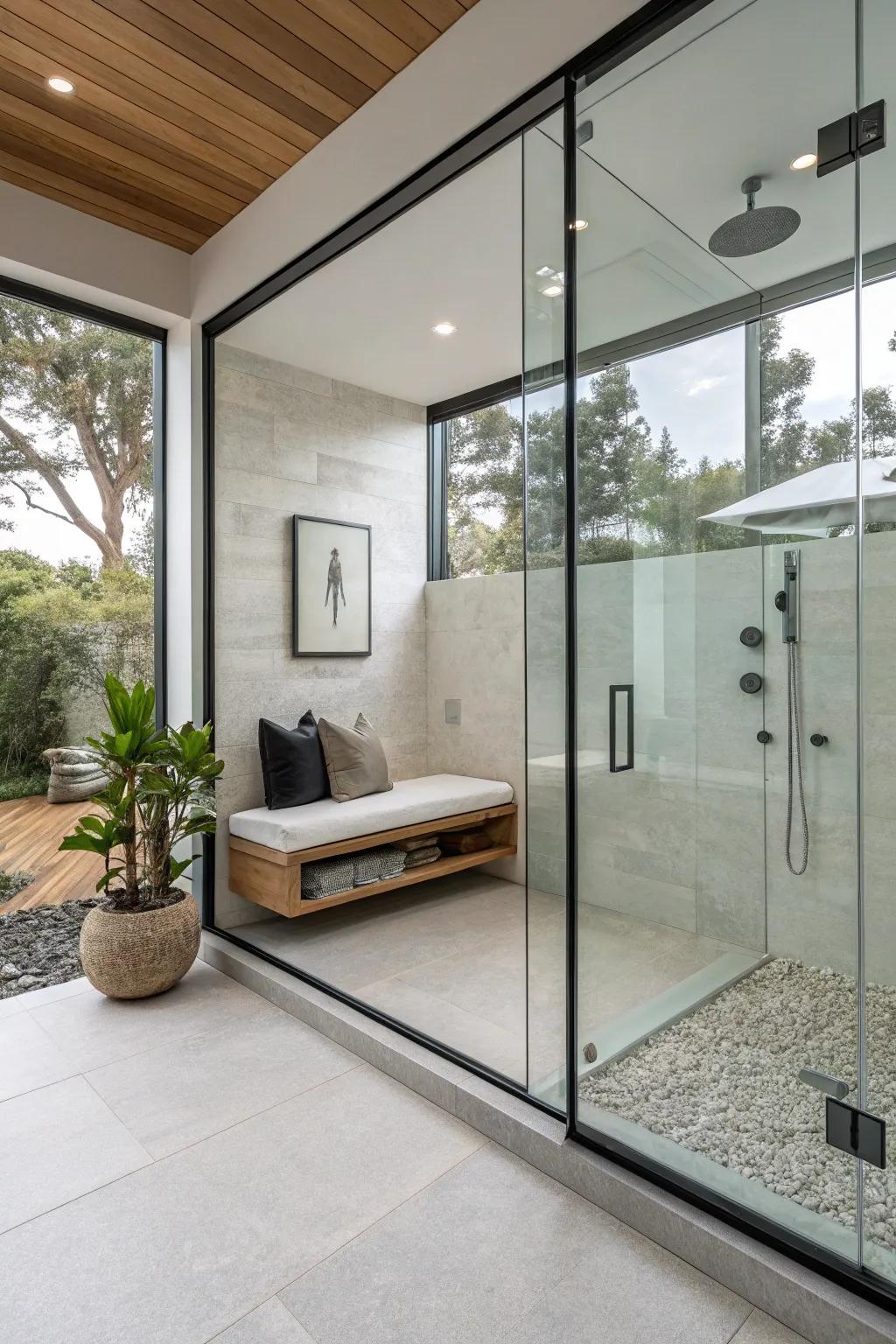 Contemporary floating bench design enhancing the shower's modern aesthetic.