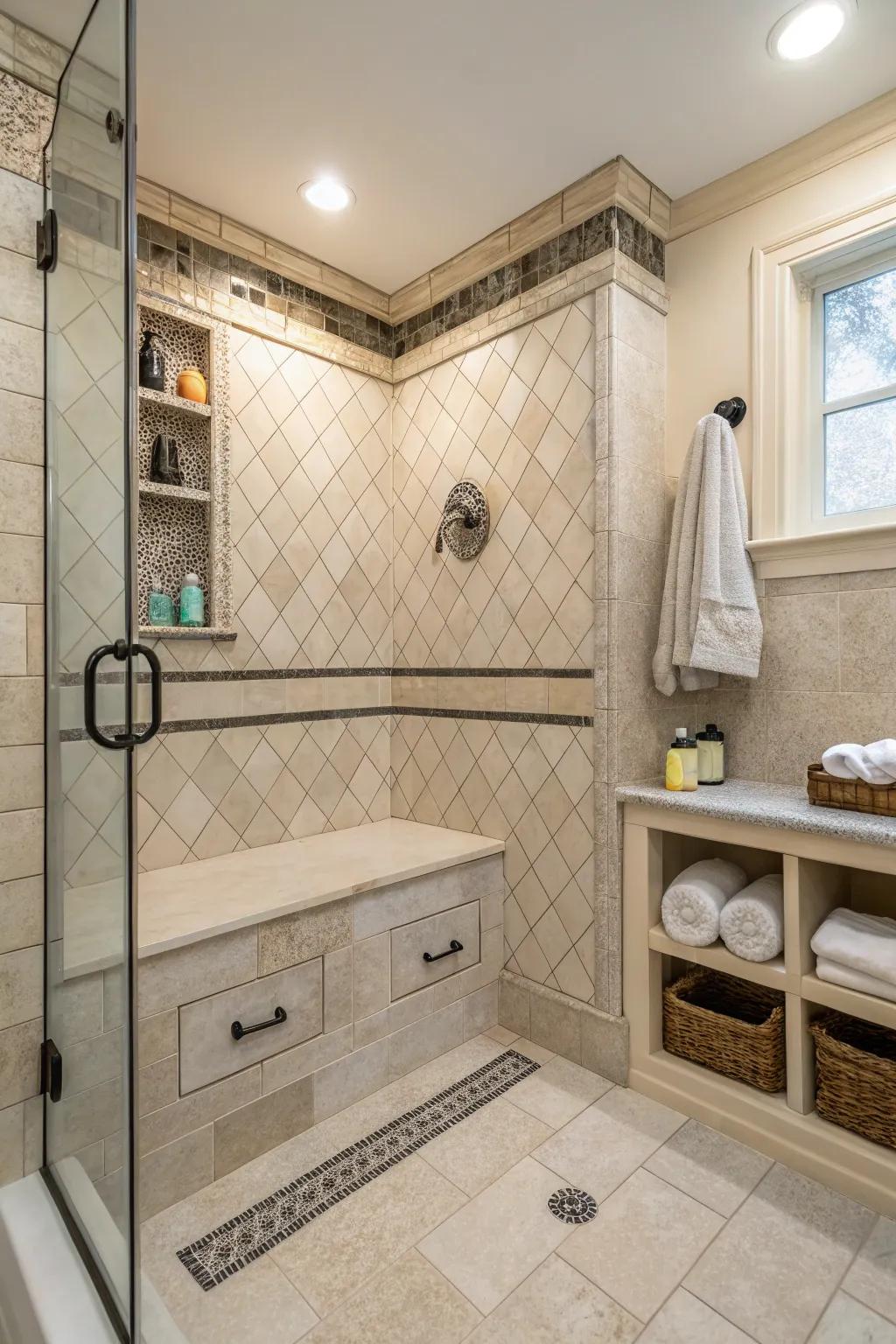 Built-in storage bench combining seating and organization in the shower.