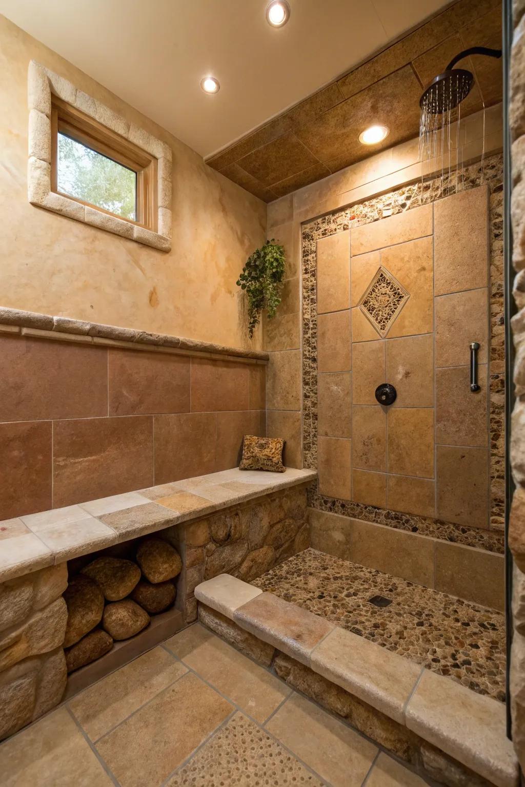 Natural stone bench adding rustic charm and timelessness to the shower.