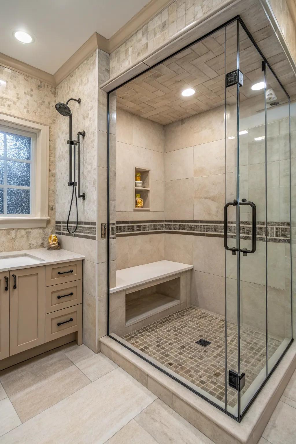 Dual-height bench offering adaptable seating options for all ages in the shower.