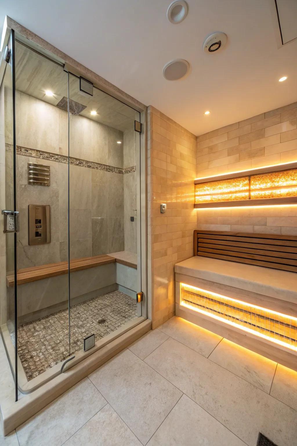 Heated bench providing warmth and luxury in the walk-in shower.