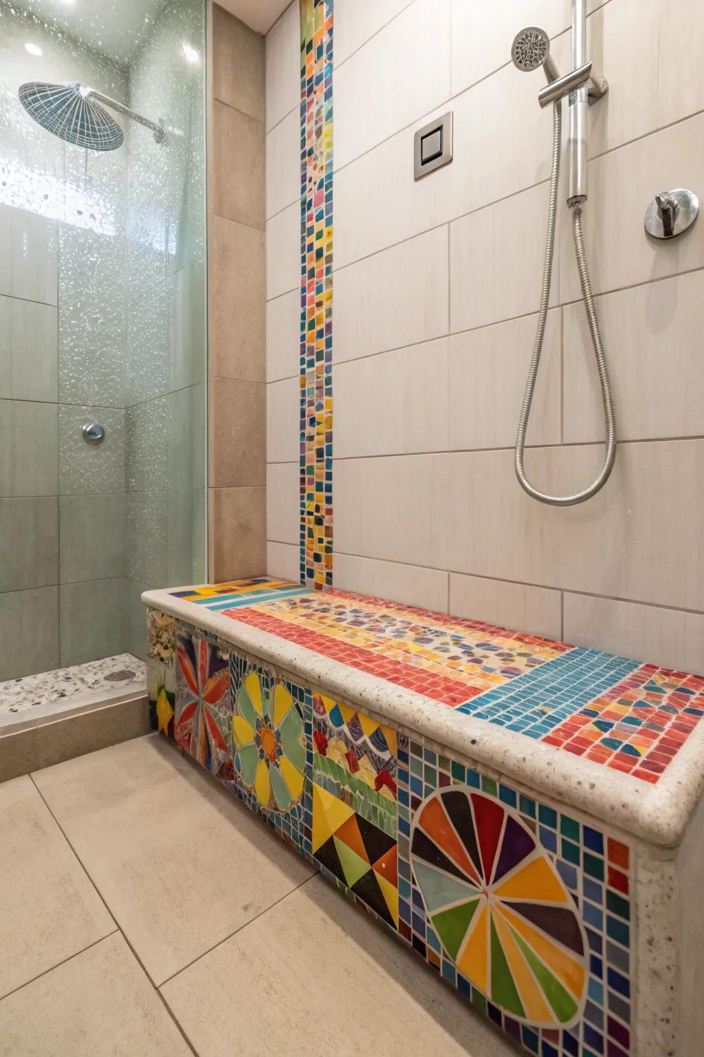 Colorful mosaic tile bench adding a lively and artistic flair to the shower.