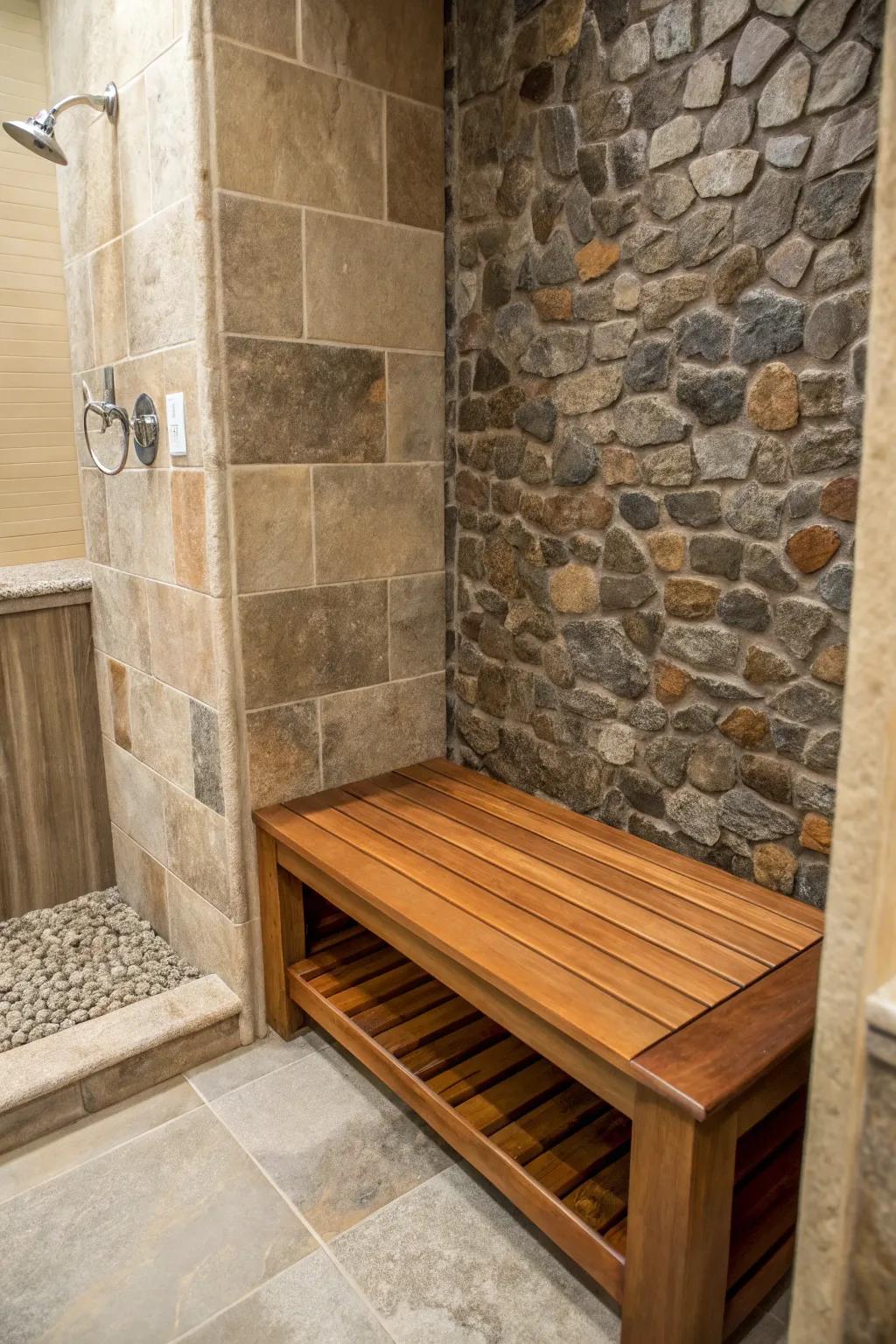 Stone and wood fusion bench adding warmth and character to the shower.