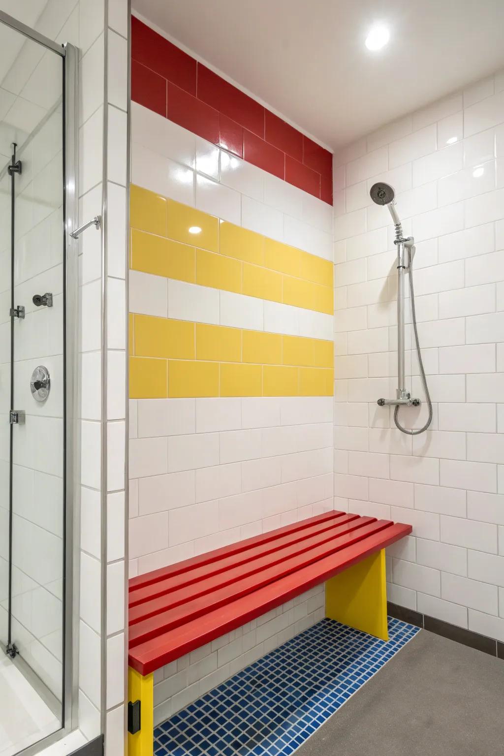 Contrasting color bench serving as a vibrant focal point in the shower.
