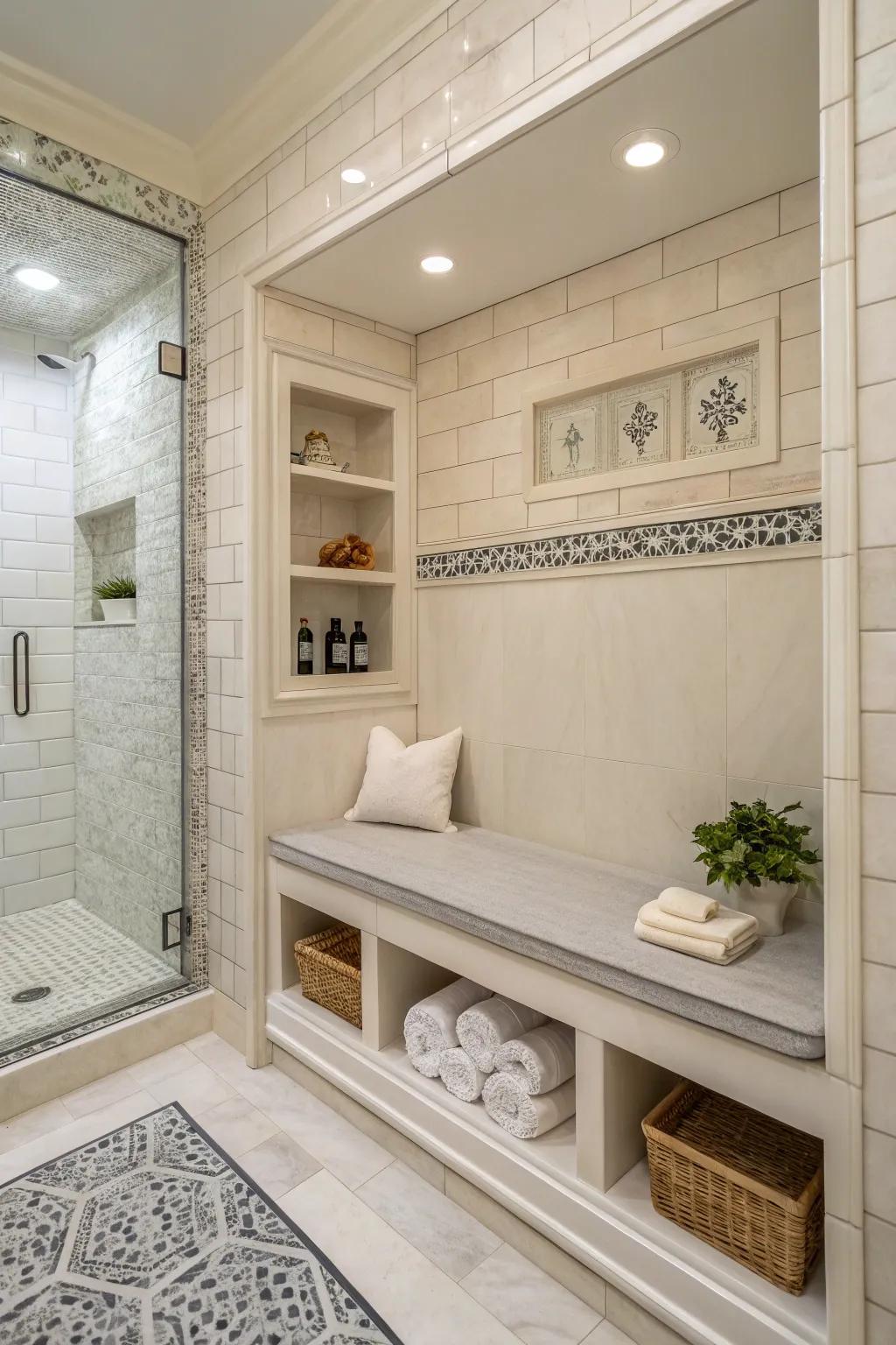 Bench with built-in shelves offering seating and storage in the shower.