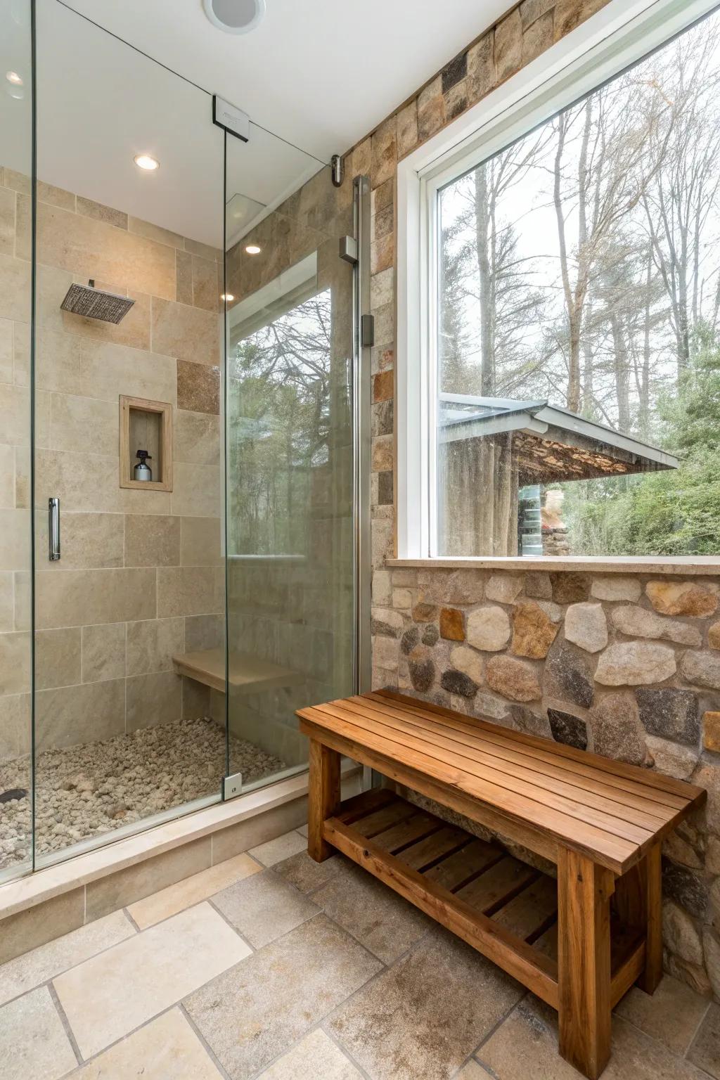 Rustic wooden bench adding warmth and character, complementing stone tiles in the shower.