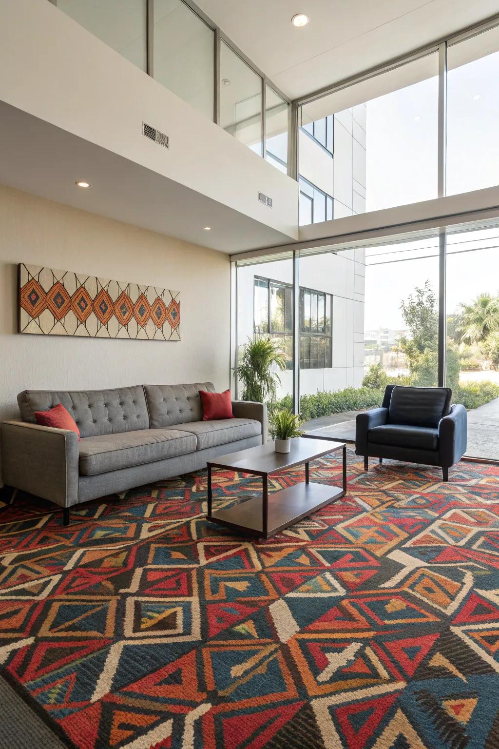Bold patterned carpets create eye-catching focal points.
