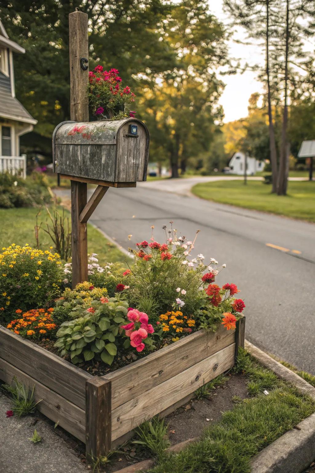 Wooden edging framing a charming mailbox flower bed.