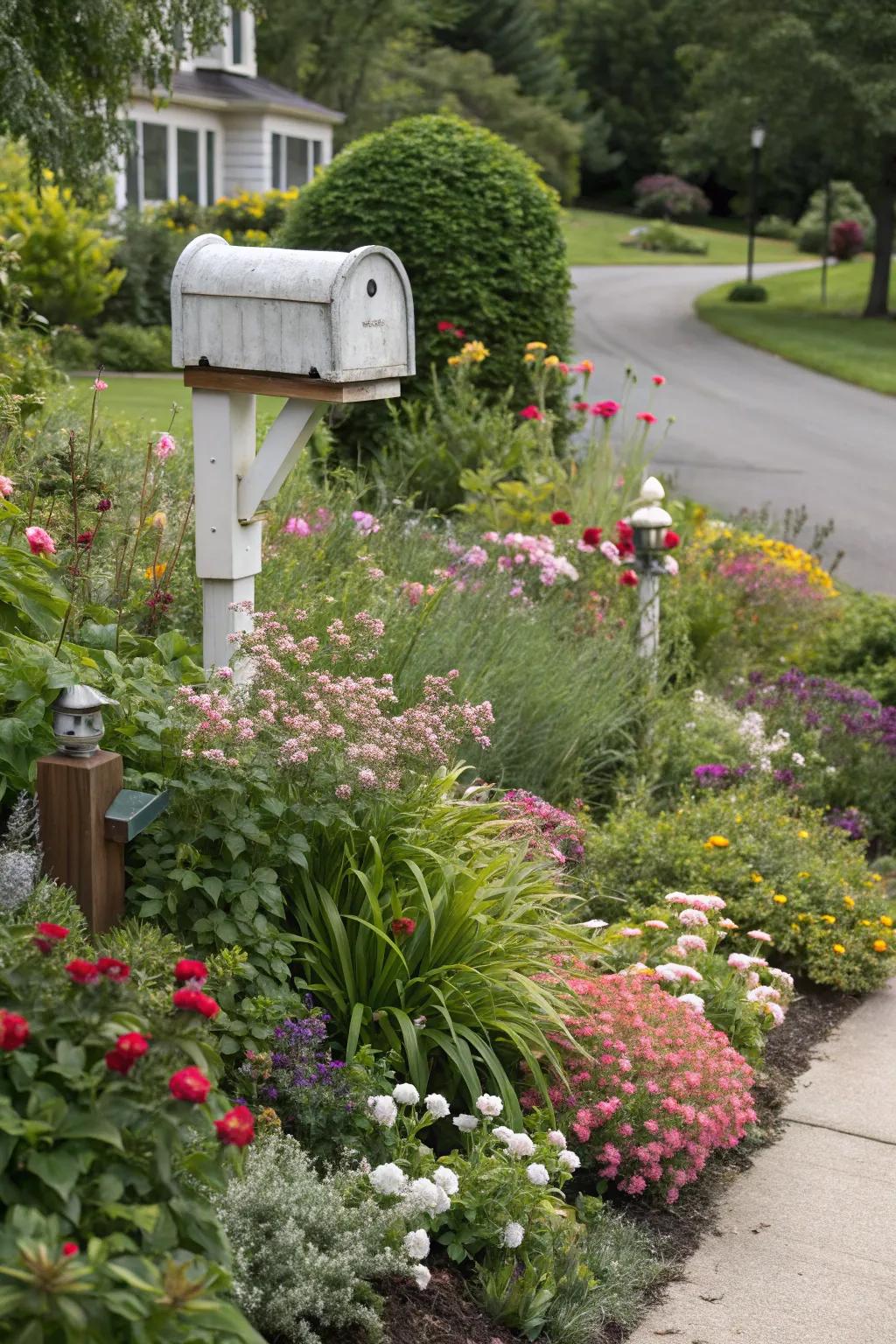 Varied plant heights and textures creating a layered garden effect.