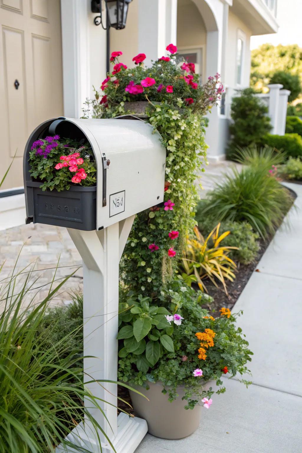 Elegant containers enhancing mailbox flower arrangements.