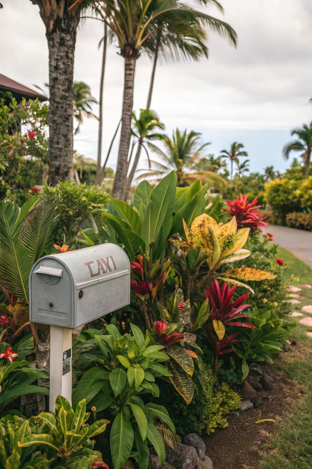 Tropical plants adding bold, exotic flair to mailbox gardens.