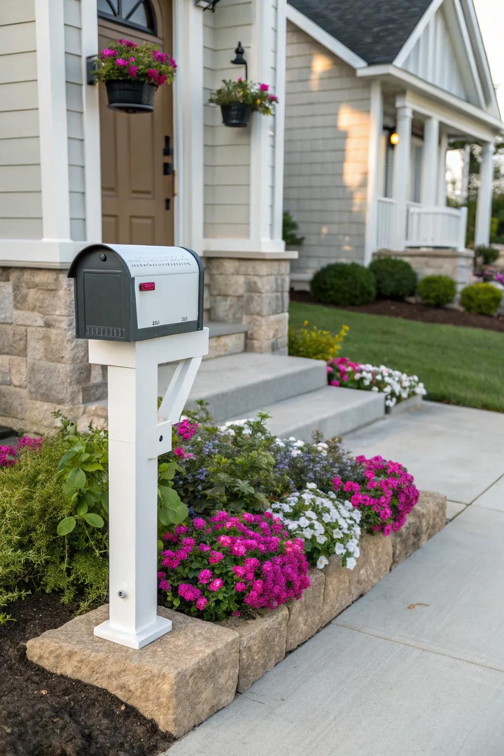 Mailbox makeover enhancing the flower bed's overall appeal.