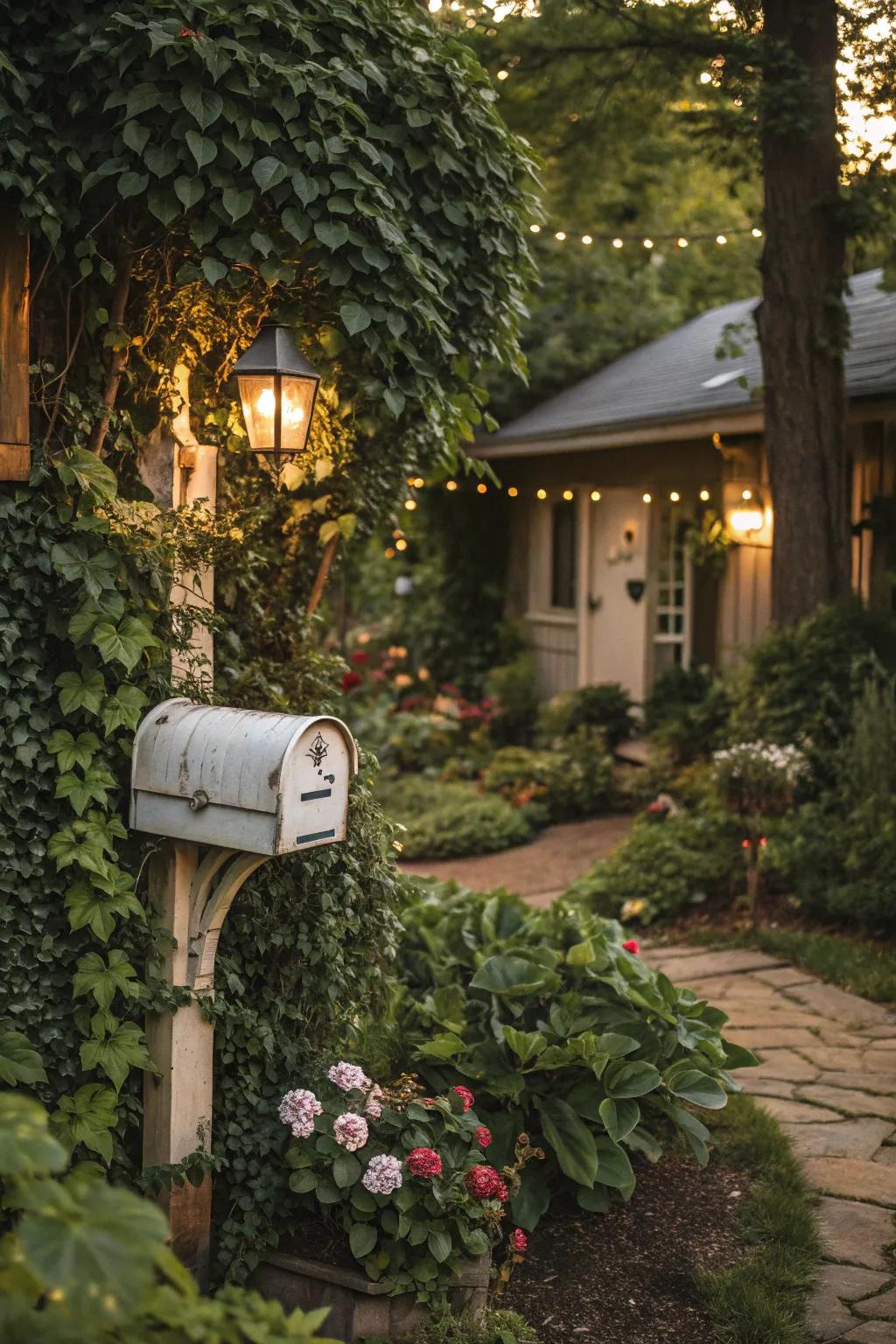 Climbing vines creating a lush, enchanting mailbox garden.