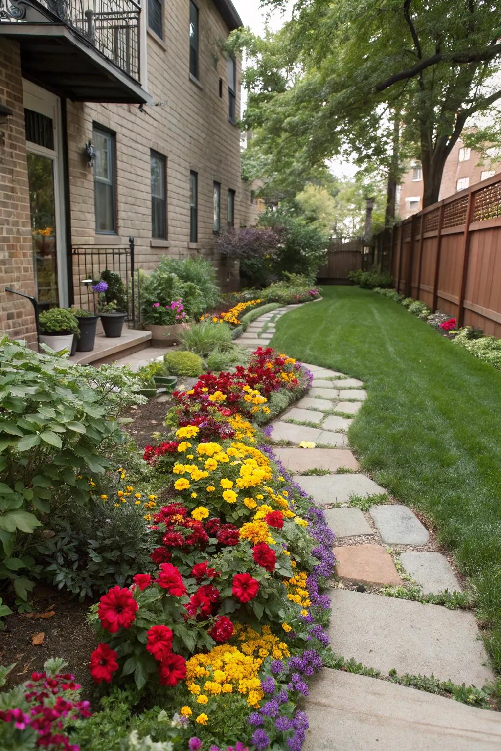 Bright flower borders lining a garden path.