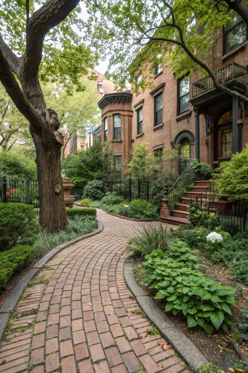 Classic brick pathway adding charm to a brownstone backyard.