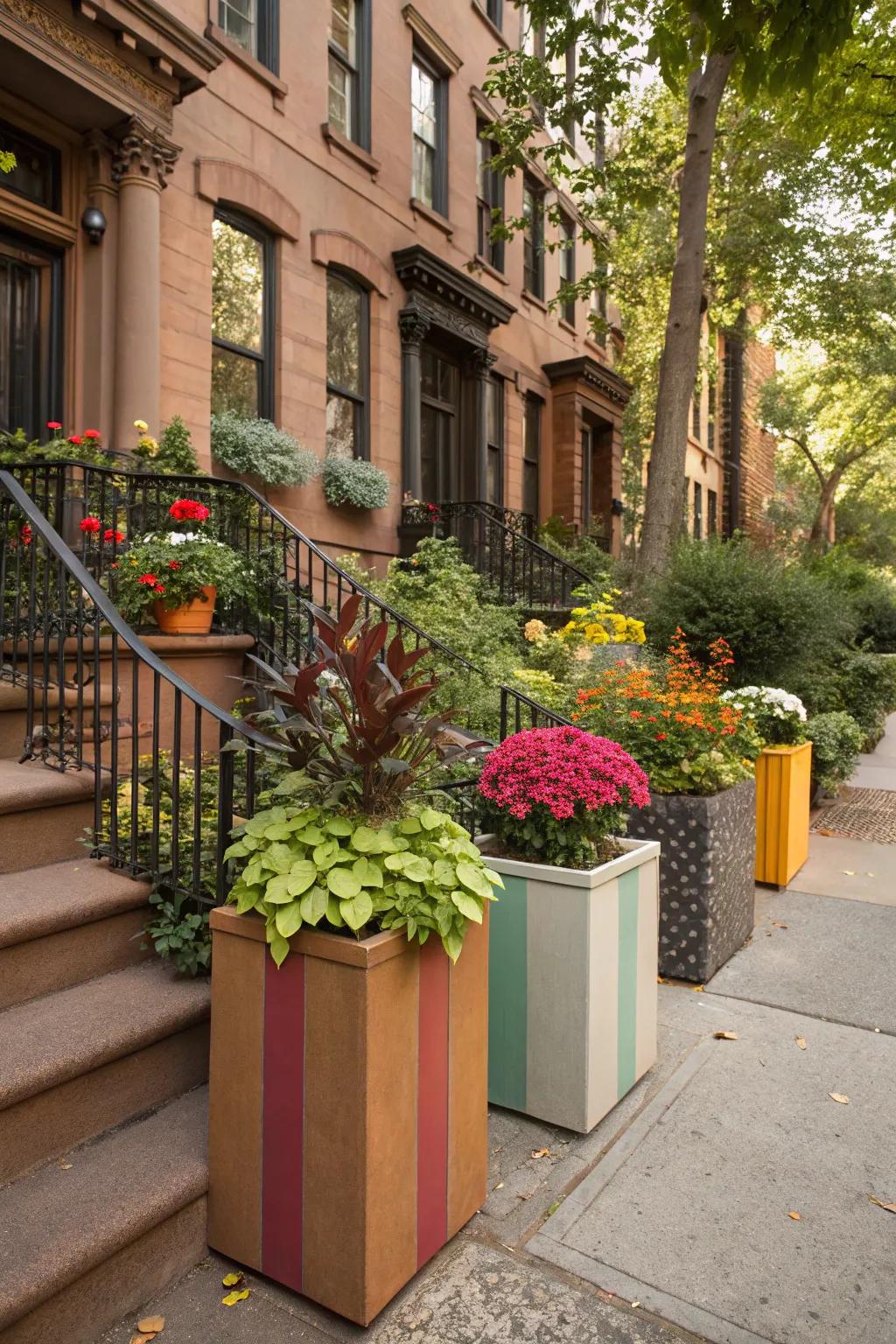 Colorful and uniquely shaped planters adding flair to the backyard.