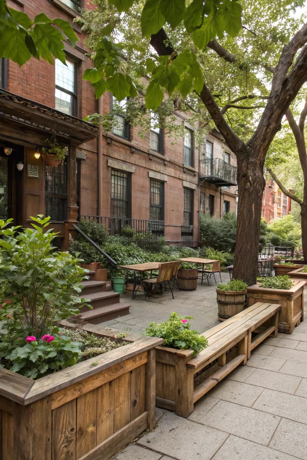 Reclaimed wood furniture adding rustic charm to the backyard.