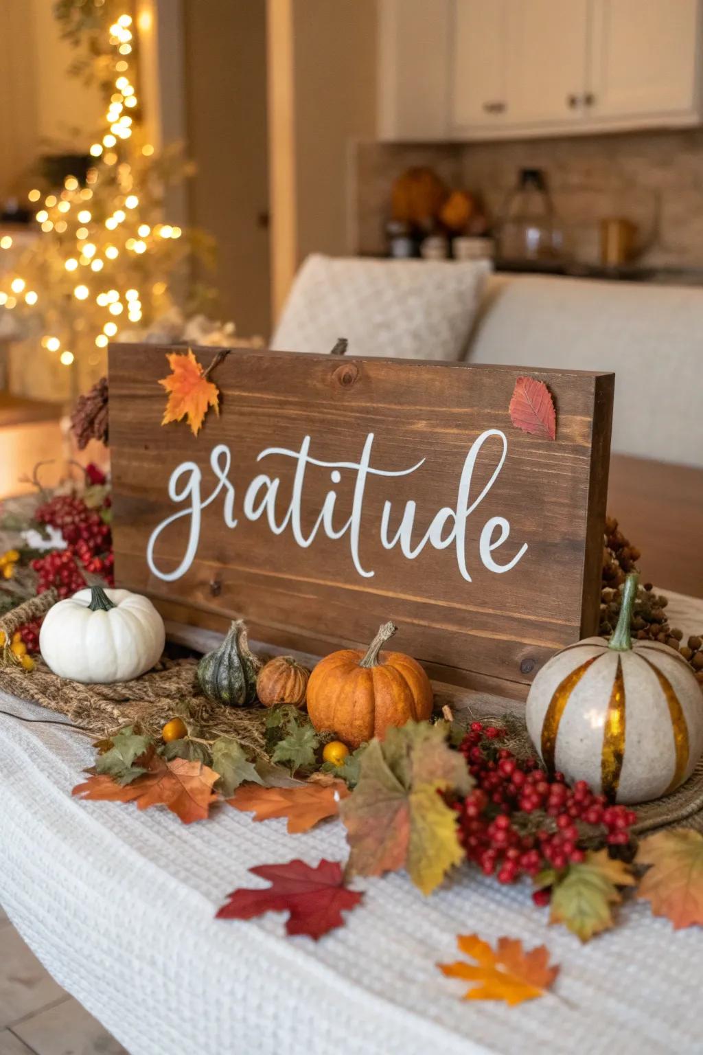 A personalized 'Gratitude' sign adding warmth to the room.
