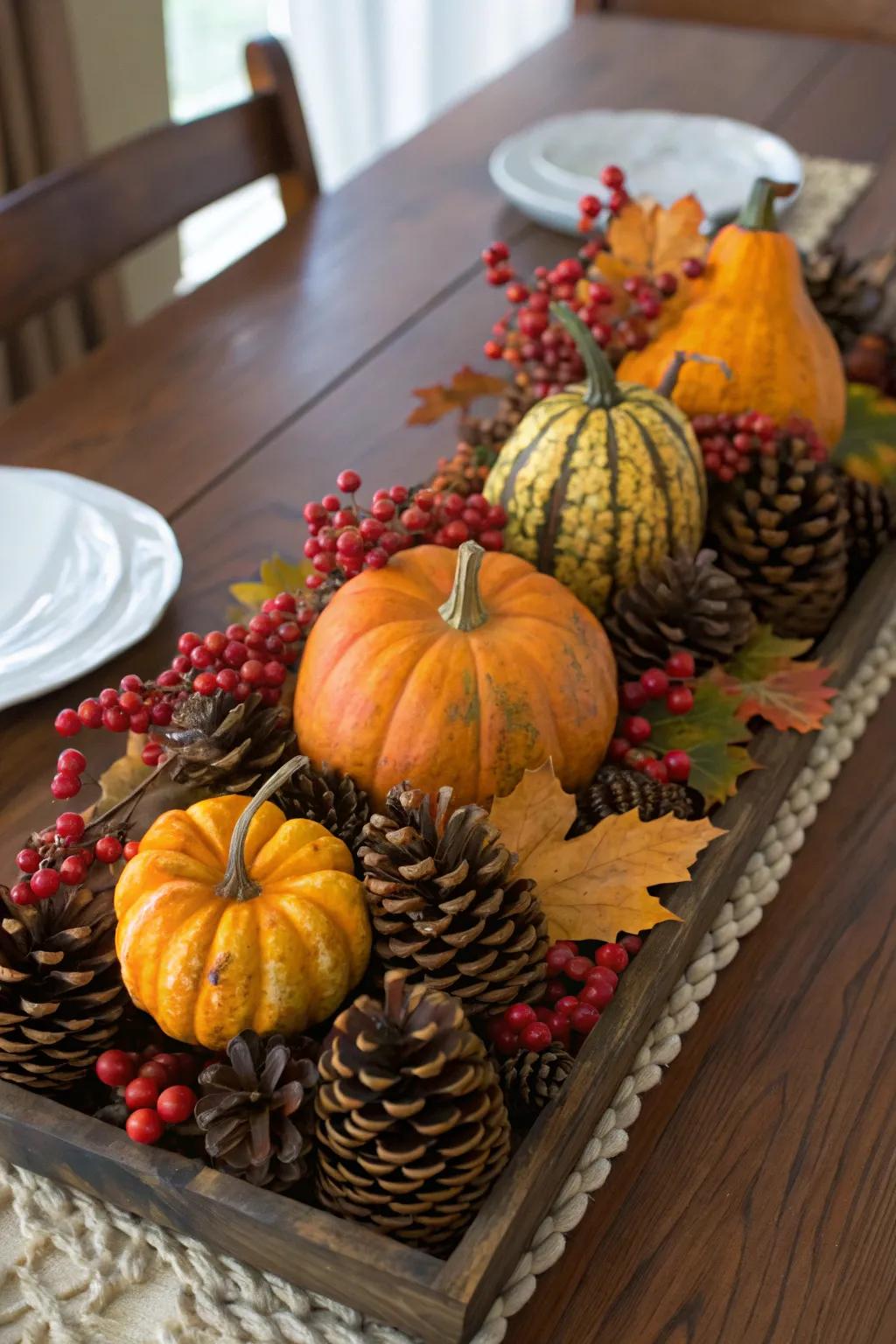 Centerpiece featuring gourds, pinecones, and berries.