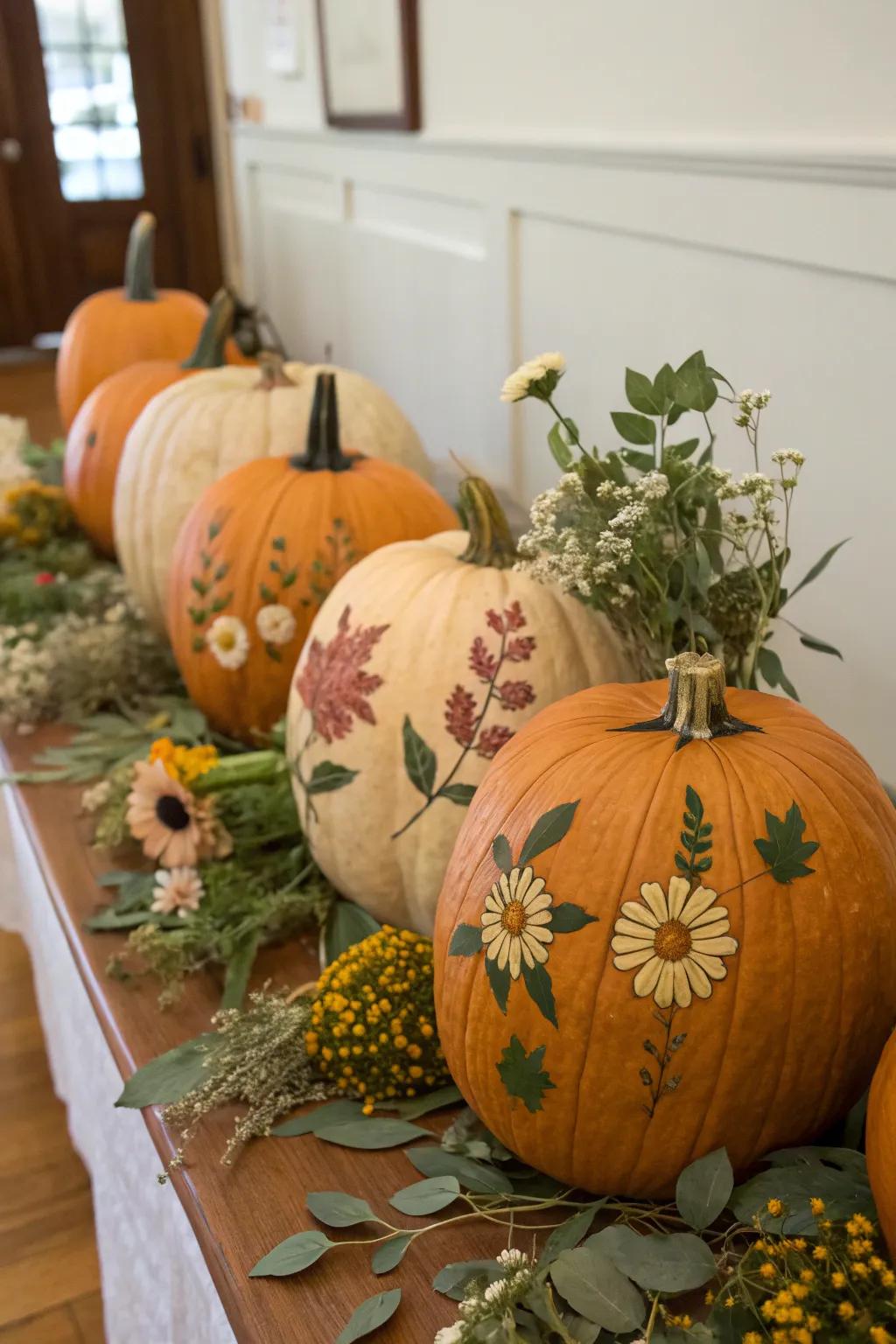 Decorative pumpkins adorned with pressed flowers.