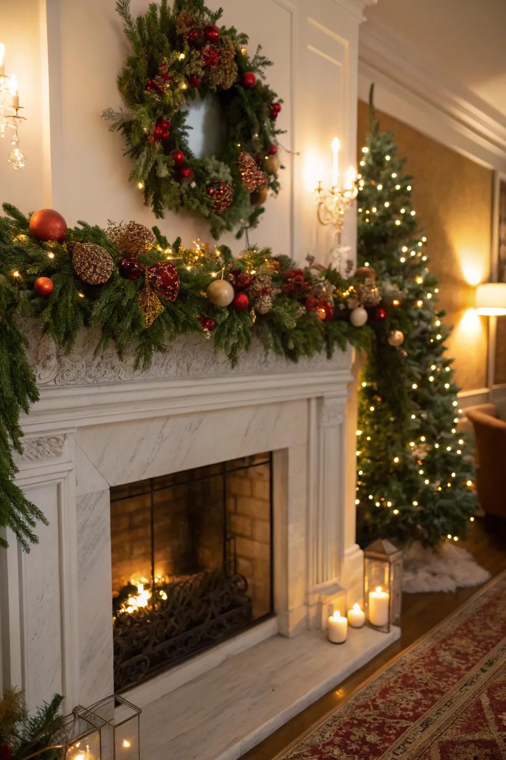 Mantel decorated with garlands and warm fairy lights.