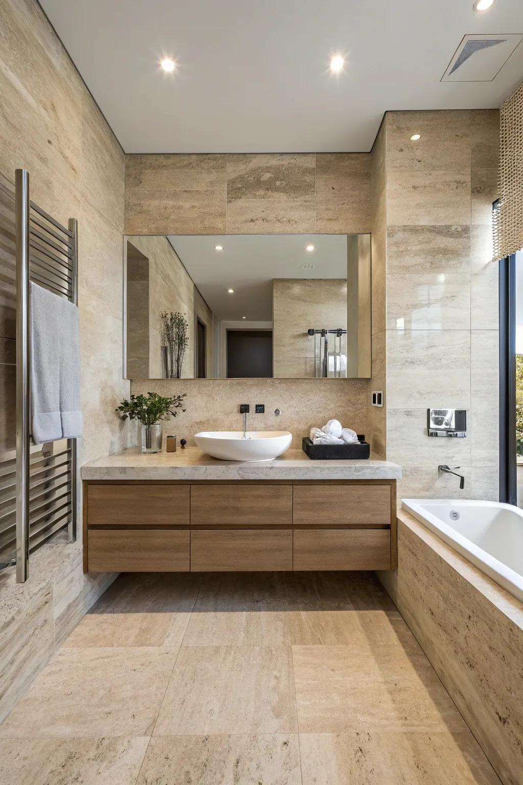 Contemporary bathroom with a stylish floating vanity paired with travertine surfaces.